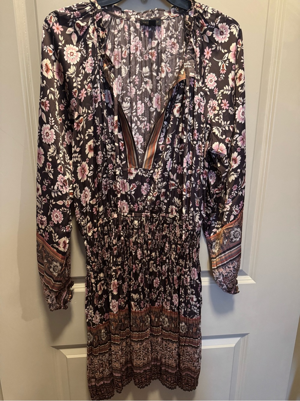 Current Air Black Floral Long-Sleeve Smocked Waist Dress with Pink Accents